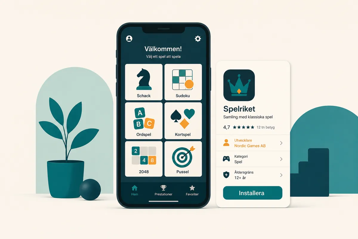 Mobil med en casinolobby bredvid ett butikskort där raden med utvecklarens namn är markerad i orange.