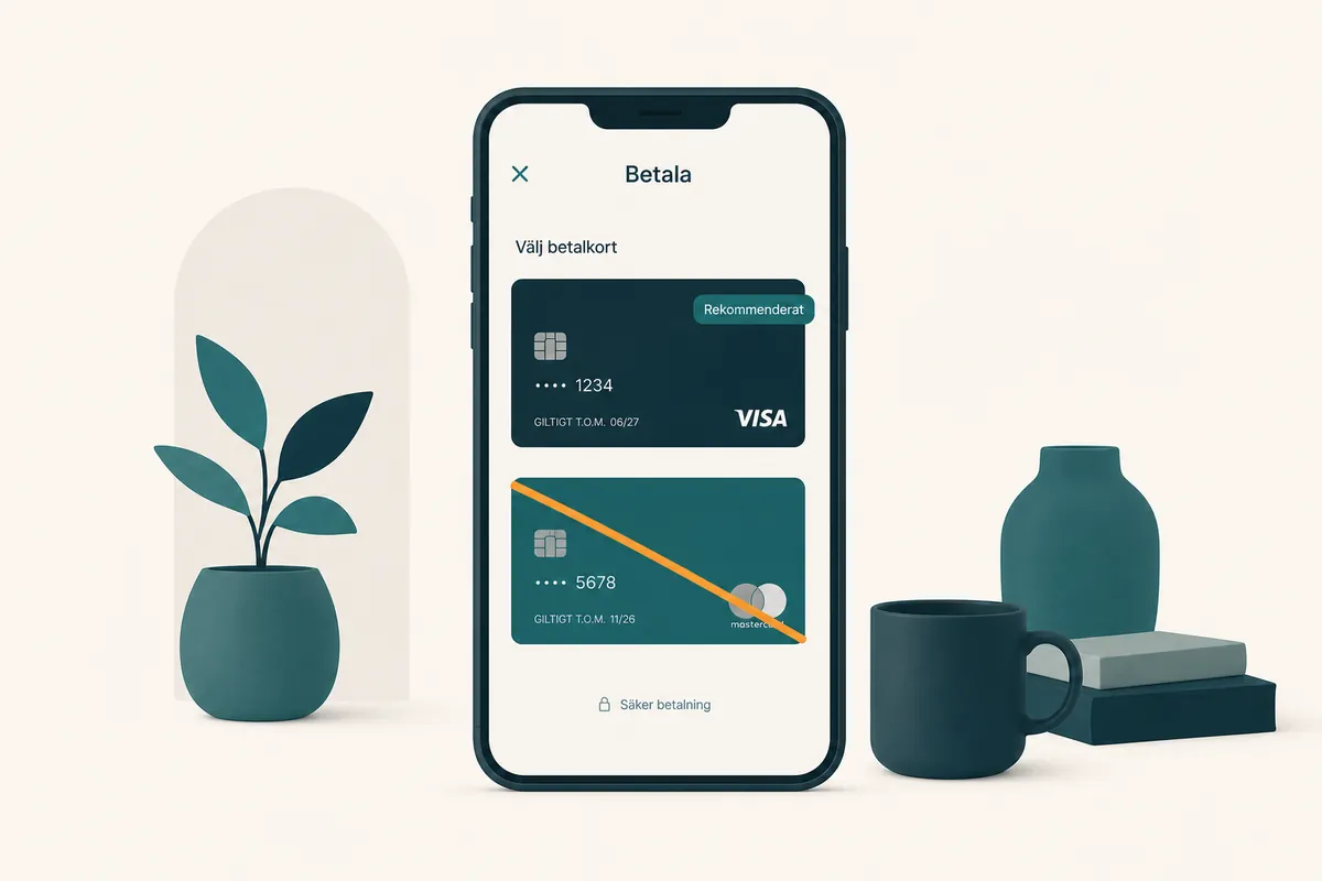 En mobil med ett betalningsark där två kortrader visas och den nedre är överstruken med ett orange streck.