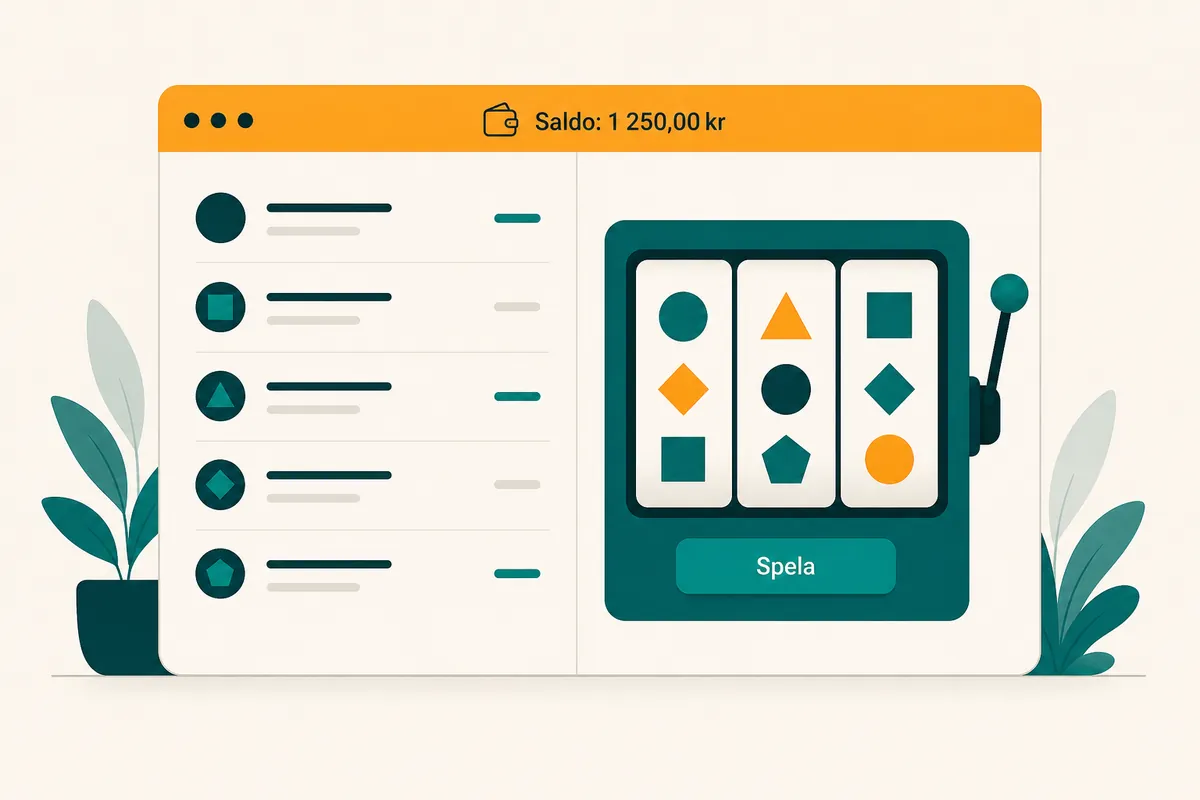 Webbläsarfönster delat i en oddsdel och en slotsdel med en gemensam saldorad överst markerad i orange.