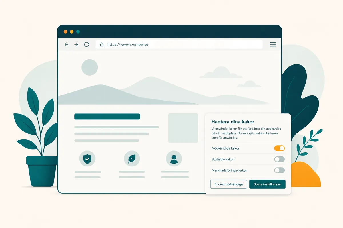Webbläsarfönster med en samtyckesruta där tre reglage och två lika stora knappar syns och det första reglaget är påslaget och markerat i orange.