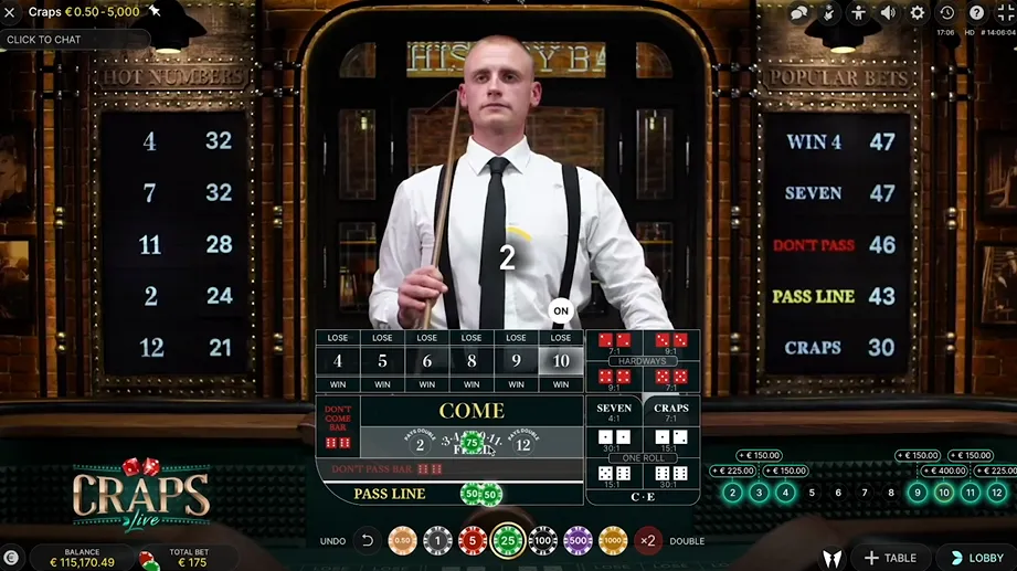 Skärmbild från spelet Live Craps.