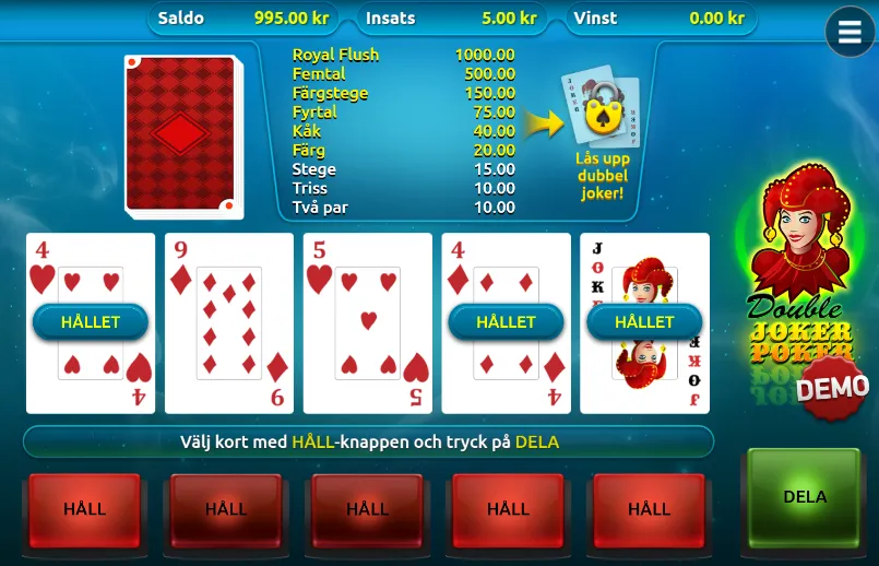 Skärmbild från spelet Double Joker Poker.