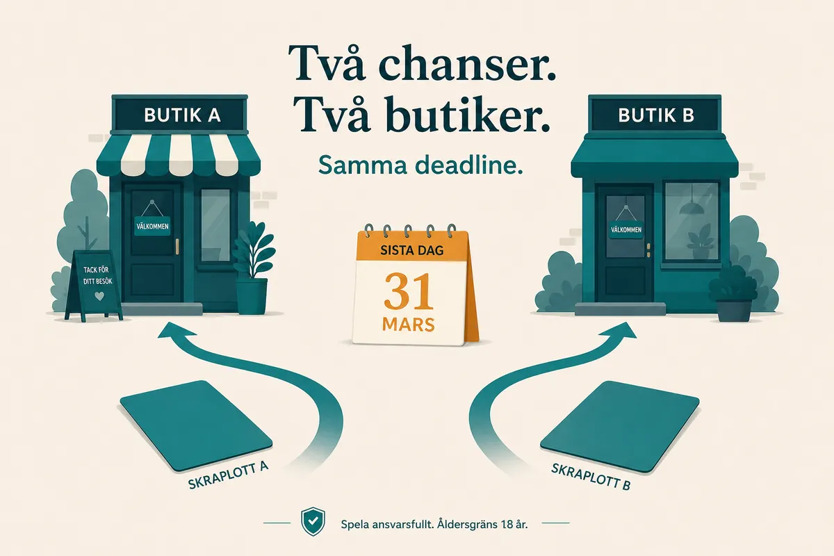 Två skraplotter med var sin pil till var sin butiksdörr, med en orangemarkerad kalendersida emellan.