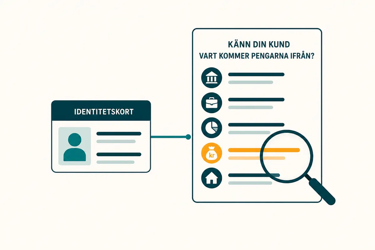 En id-handling till vänster och ett granskat dokument till höger där en rad om pengarnas ursprung är markerad i orange.