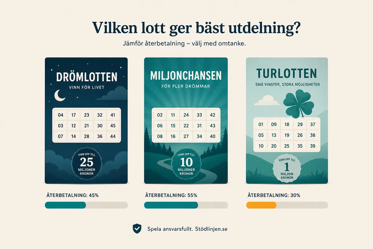 Tre lottblad med varsin stapel under, där den kortaste stapeln är markerad i orange.