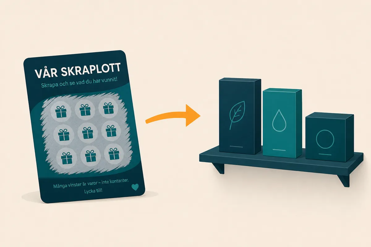 En skraplott med en orange pil mot en hylla med tre varor, som visar att vinster ofta är produkter.