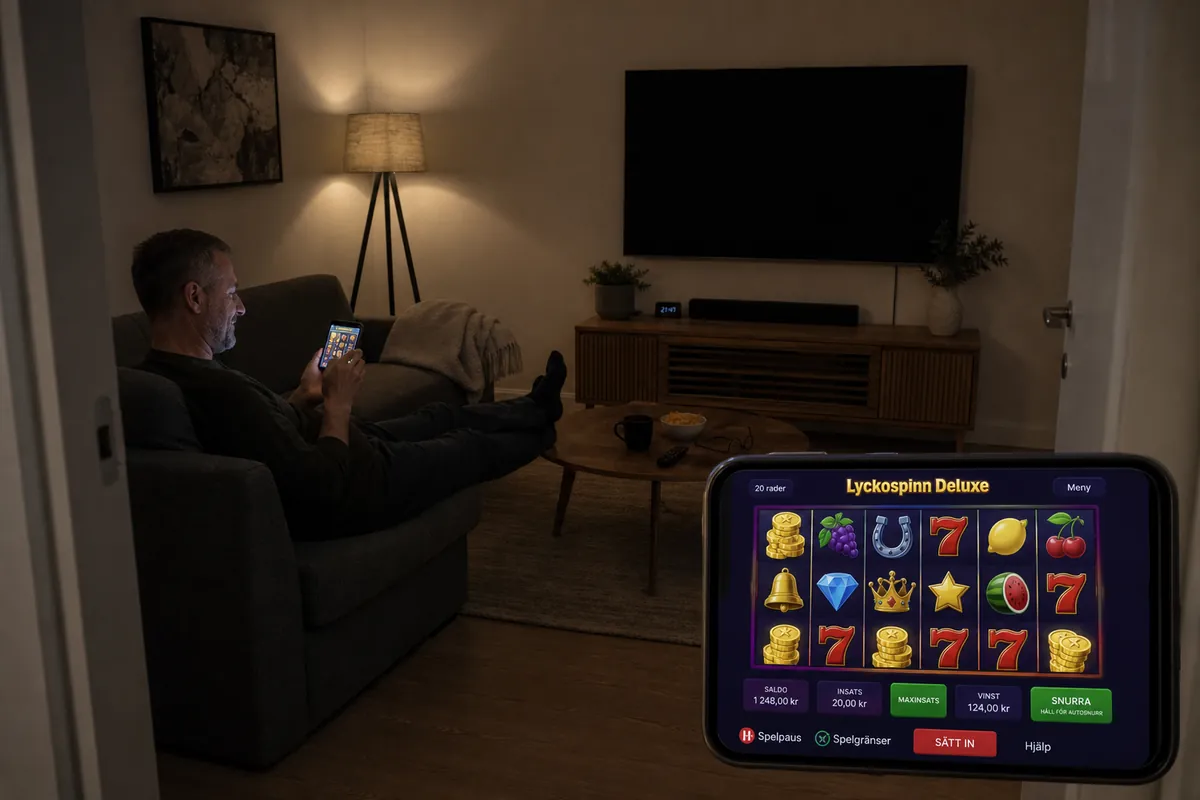 En person sitter i soffan hemma på kvällen och spelar en slot i telefonen medan tv:n är avstängd.