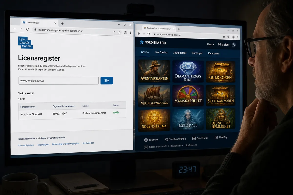En skärm visar en uppslagning av casinots webbadress i ett licensregister framför casinots egen lobby.