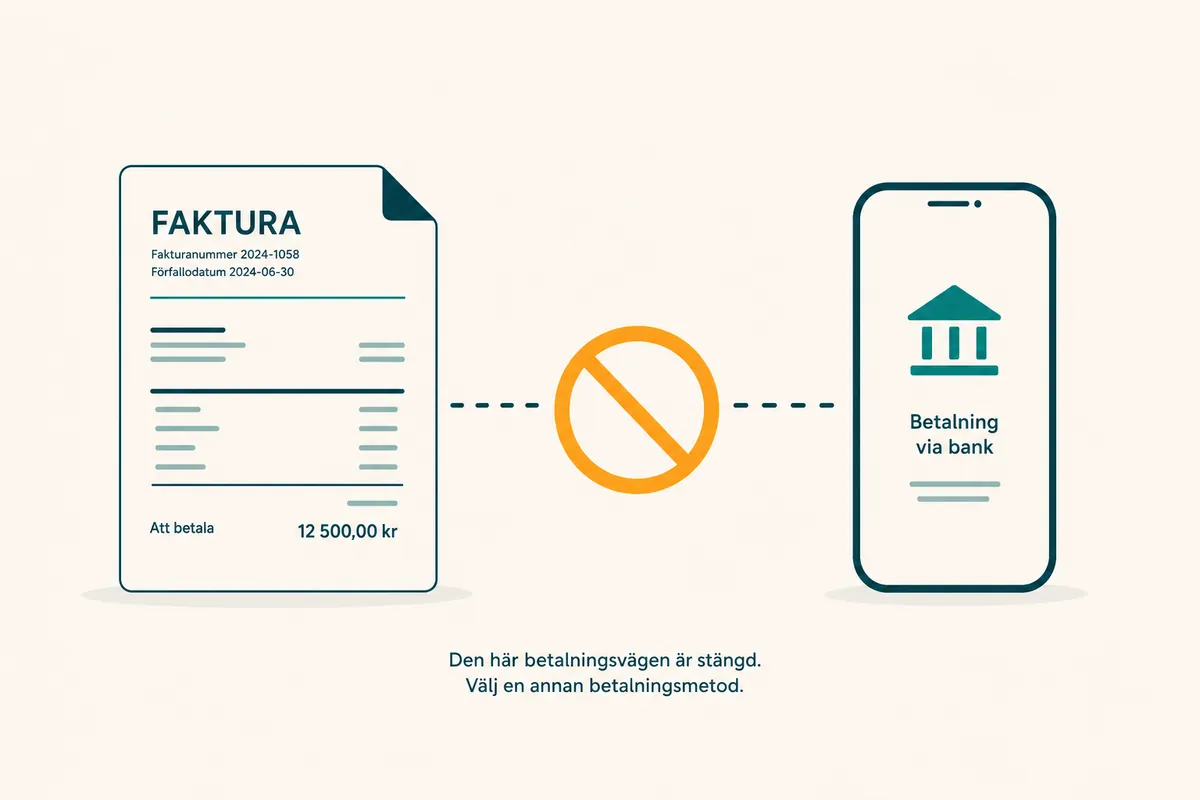 Fakturablad och mobiltelefon med en orange förbudsmarkering emellan, som bild för att betalsättet inte är tillåtet.