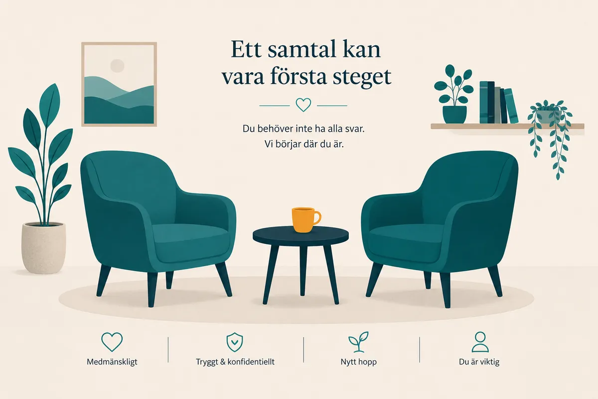 Två stolar vända mot varandra med ett bord emellan där en kopp är markerad i orange.
