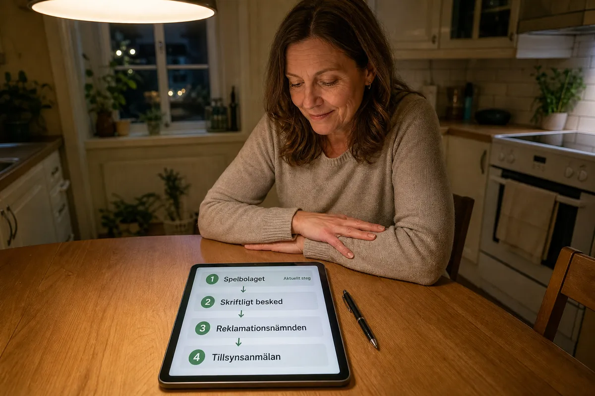 En surfplatta på ett köksbord visar fyra numrerade steg från spelbolaget till tillsynsanmälan.